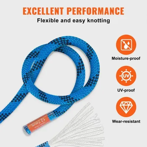 VEVOR 12,7 mm statisches Kletterseil, 60,9 m (200 Fuß) Outdoor-Kletterseil, 30 kN Bruchfestigkeit, Faserseil für Flucht, Abseilen, Brandrettung, Blau – Bild 4