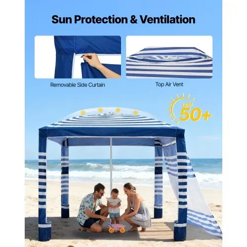 VEVOR Strand-Cabana, 2,4 x 2,4 m Strandüberdachung mit Seitenwand, UPF 50+ Sonnenschutz, Cabana mit Sandsäcken, höhenverstellbarer & tragbarer Sonnenschutz für Familie, marineblaue Streifen – Bild 3