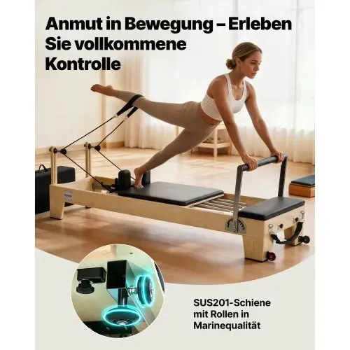 VEVOR Pilates Reformer Trainingsgerät aus Holz für den Einsatz im Heim-Fitnessstudio, Pilates-Bett mit doppeltem Widerstand – Feder & Kordel, Ausrüstung mit Sitzbox , bis zu 181,44 kg – Bild 4