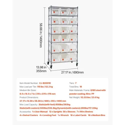 VEVOR Standregal, Lagerregal mit 7 Ebenen & 18 Stapelboxen, Bücherregal, Küchenregal mit Rollen, Werkzeugaufbewahrung für Garage, Lager, Büro, Restaurant, Klassenzimmer, Küche, 690x355x1490 mm – Bild 6