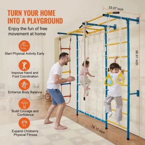 VEVOR Sprossenwand Turnwand Klettergerüst für Kleinkinder, 7-in-1-Kletterspielset mit schwedischer Leiter aus Karbonstahl, Klimmzugstange & Strickleiter & Turnringen 100 kg belastbar mehrfarbig – Bild 2