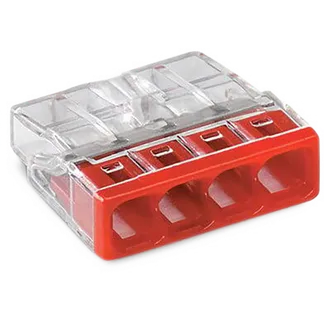 COMPACT-Verbindungsdosenklemme WAGO, eindrähtige Leiter, 4 Klemmstellen, rot COMPACT-Verbindungsdosenklemme WAGO, eindrähtige Leiter, 4 Klemmstellen, rot