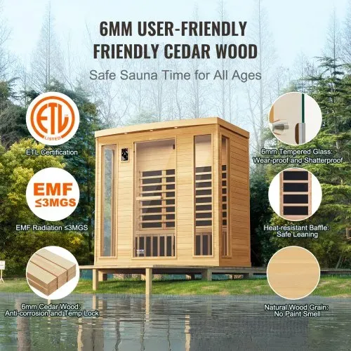 VEVOR Ferninfrarot-Holzsauna, Sauna-Spa für Zuhause, für 3 bis 4 Personen, Niedrige EMF-Ferninfrarot-Sauna aus Hemlockholz mit gehärteter Glastür & Bluetooth-Lautsprechern & Farblichttherapie, 2580 W – Bild 4