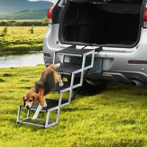 VEVOR Hundetreppe für Autos, breite 4-stufige Hundeautotreppe, zusammenklappbare Hundeautorampe mit rutschfester Oberfläche, tragbare Haustiertreppe aus leichtem Aluminium für Auto, SUV und LKW, trägt bis zu 68 kg – Bild 7