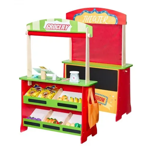 VEVOR 2-in-1 Spielset Puppentheater aus Holz mit Vorhängen, Kaufmannsladen, doppelseitiges Holzspiel mit Tafel und Registrierkasse, Marktstand zum Rollenspiel für Kinder ab 3 Jahren – Bild 8