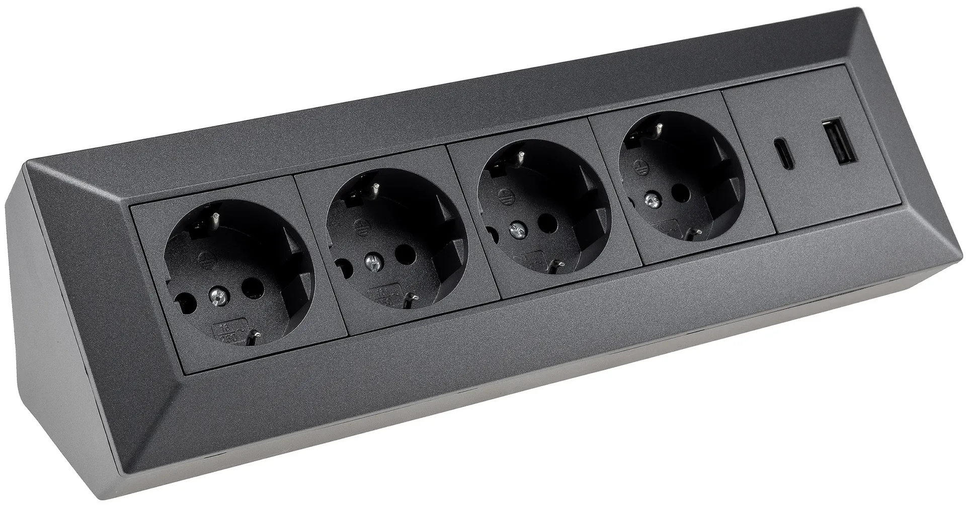4-fach Steckdosenblock, USB-A+C, anthraz 250V~/ 16A, Aufbaumontage, USB 3,1A, PD 4-fach Steckdosenblock, USB-A+C, anthraz 250V~/ 16A, Aufbaumontage, USB 3,1A, PD