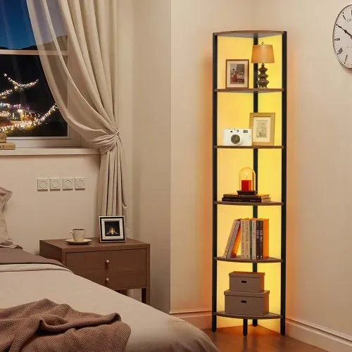 VEVOR Eckregal mit 6 Ebenen, hoher Eckständer mit LED-Licht, Displayregal Lagerregal mit Metallrahmen & Holzregalen, Standregal Ausstellungsbücherregal für Schlafzimmer Wohnzimmer Büro Braun – Bild 7