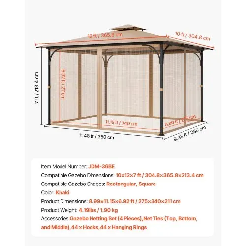 VEVOR Moskitonetz für Pavillon, Mückennetz passend für 304,8x365,8x213,4 cm große Pavillons, Insektennetz, 4-teiliger Seitenwand-Pavillonvorhang, mit Doppelreißverschluss (nur Netz) – Bild 6