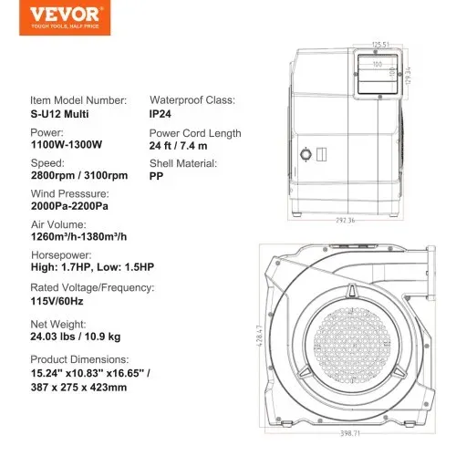VEVOR Gebläse für aufblasbare Hüpfburg 1100W Gebläsepumpe Luftpumpe 770 m³/h – Bild 6