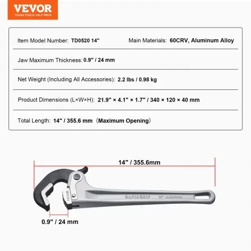 VEVOR Rohrzange, 14 Zoll gerade Aluminium-Rohrzange, automatische Backeneinstellung, verstellbarer Sanitärschlüssel, leicht zu tragen, ergonomischer Griff, aufhängbares Design, für Wasserleitungen – Bild 6