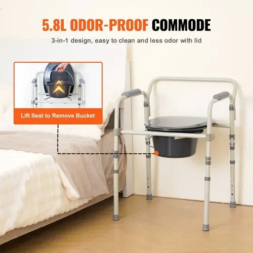 VEVOR Toilettenstuhl, Nachtkommode mit Breiterem Toilettensitz, 7-stufig Höhenverstellbar 44-59 cm, Abnehmbarer 5,8-Liter-Eimer, Einfach zu Montieren, 158,8 kg Kapazität, Erhöhter Toilettensitz – Bild 5