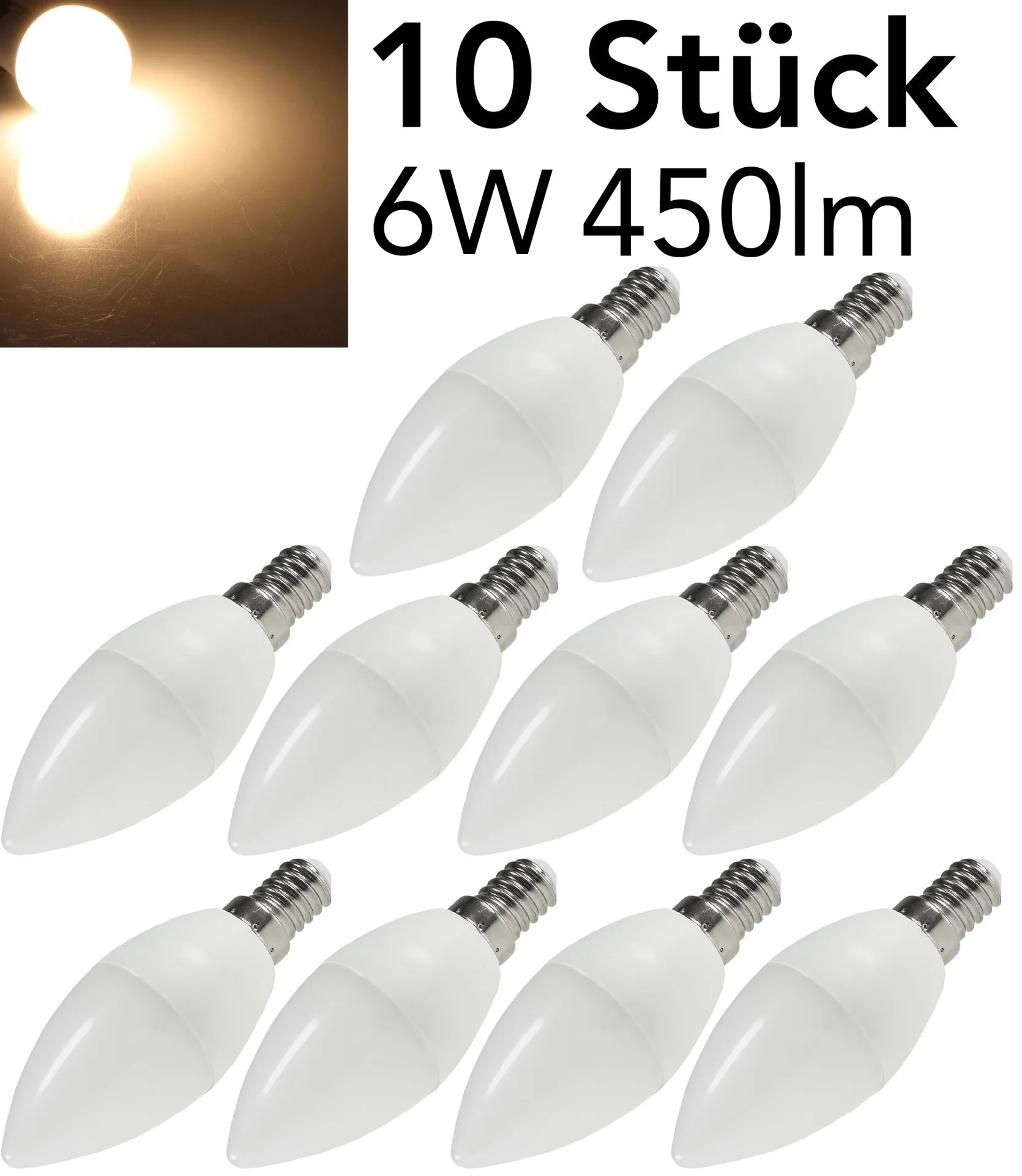 LED Kerzenlampe E14 „K50 Promo“ 10er-Set 3000k, 450lm, 230V/6W, 160°, warmweiß LED Kerzenlampe E14 „K50 Promo“ 10er-Set 3000k, 450lm, 230V/6W, 160°, warmweiß