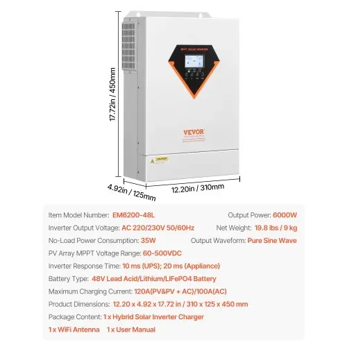 VEVOR Hybrid-Solarwechselrichter, 6000 W, All-in-One-Sinus-Wechselrichter mit Ladegerät, 48 V DC auf einphasig 220/230 V AC, mit integriertem 120-A-MPPT-Solarladeregler, für netzunabhängige Blei-Säure-Lithium-Batteriesysteme – Bild 6