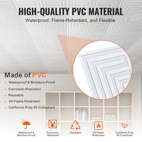 VEVOR Deckenfliesen, 12er-Pack 24 x 24 Zoll, abgehängte Deckenfliesen aus hochwertigem PVC-Blatt, einfache Installation/Zuschneiden, Kunststoff-Deckenfliesen zum Aufkleben, Deckenverkleidung für Heim-/Bürodekoration, weißes Echo-Muster – Bild 2