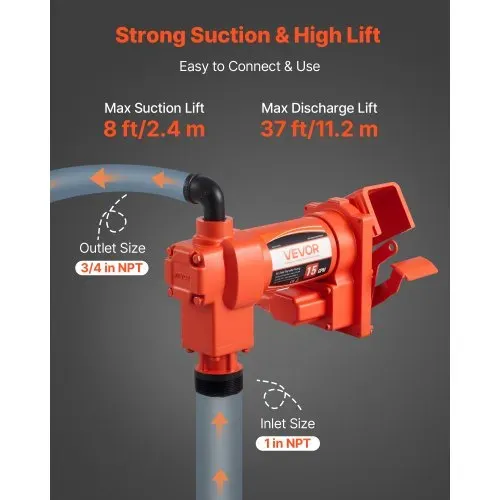 VEVOR Kraftstoff-Transferpumpe, 230 V AC, elektrische Diesel-Transferpumpe, 57 l/min, maximale Saughöhe 2,4 m, maximale Förderhöhe 11,28 m, für Benzin, Kerosin, Biodiesel, Ethanol – Bild 2