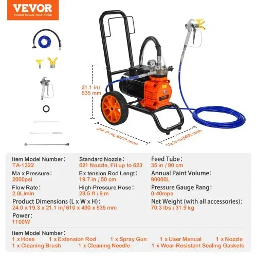 VEVOR Airless-Farbspritzgerät mit Membran, 1100 W effizientes Airless-Farbspritzgerät mit Wagen, 2000 psi Airless-Farbspritzgerät, mit Verlängerungsstang, 2 L/min Hochdruck Airless Farbsprühsystem – Bild 6