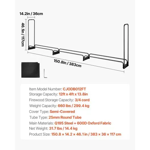 VEVOR Kaminholzregal Metall 386x36x117cm Brennholzregal Stahlrahmen Pulverbeschichtet Kaminholzunterstand 400kg mit Wasserdichter Abdeckung Stapelhilfe Holzunterstand für Veranda Garten Terrasse Hof – Bild 6