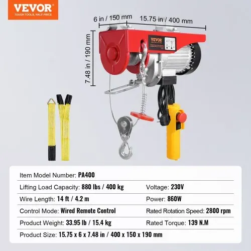 VEVOR Elektrische Seilwinde, 400 kg, Motorwinde mit 4,2 m kabelgebundener Fernbedienung, 12 m Hubhöhe mit Einzelkabel, Einzel-/Doppelschlingen, Not-Aus, Hebezeug für Garage, Lager, Fabrik – Bild 6