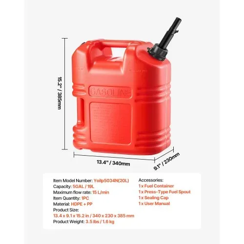 VEVOR Kraftstoffkanister, 19 L, Benzinkanister mit Ausguss & klarer Skala, max. Durchflussrate15 L/min, Flüssigkeitsbehälter für die meisten Autos, Motorräder, ATVs und UTVs, rot, 1 Stk. – Bild 6