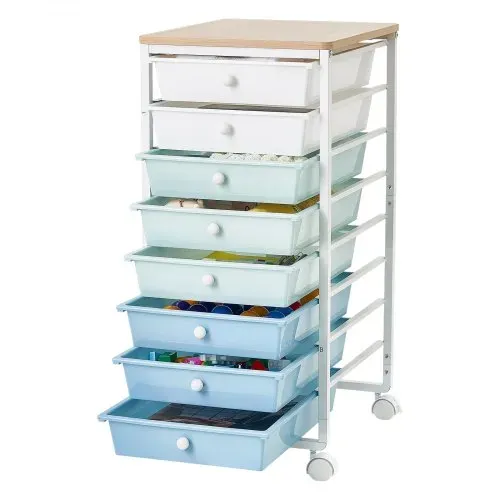 VEVOR Rollwagen mit 8 Schubladen Rollcontainer 400x330x715mm Grün Blau Weiß, Metallgestell, Holztischplatte, Handgriffe, Lenkrolle mit 2 Bremsen, Mobiler Schubladenwagen für Büro Werkstatt Klassenzimmer – Bild 10