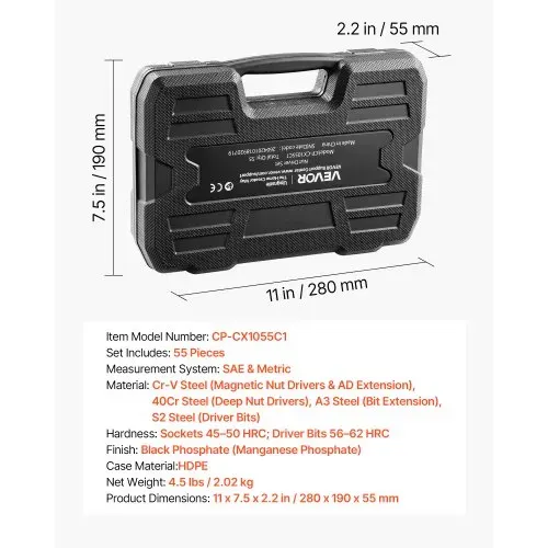 VEVOR Steckschlüsselsatz, 55-tlg., SAE- & Metrisch, Magnetische Steckschlüssel, mit Einsätzen, Verlängerung, Bits & Werkzeugkoffer, für Autoreparaturen, Heimwerkerarbeiten & DIY-Projekte – Bild 6