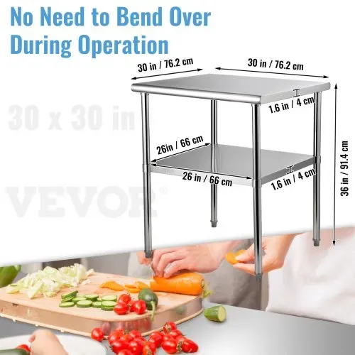 VEVOR Kommerzieller Edelstahltisch 76,2 x 76,2 x 91,4 cm, Edelstahl Zweilagiger Arbeitstisch Zerlegetisch Gastro 226 kg + 136 kg Tragfähigkeit, Gewerbe Küchentisch, Zubereitungstisch Küchenmöbel – Bild 6