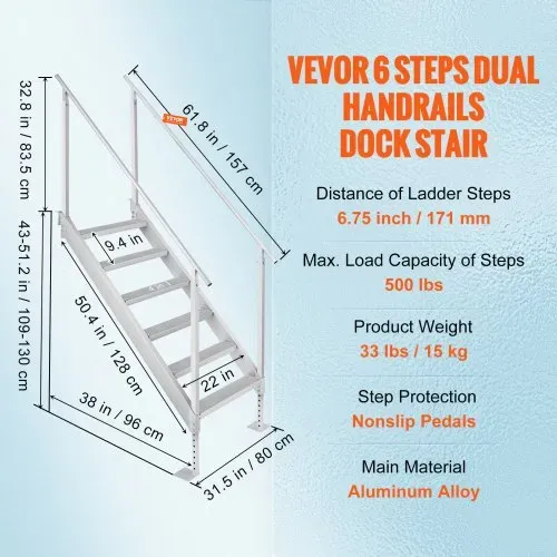 VEVOR 6-stufige Badeleiter mit zwei Handläufen Bootsleiter 800x1850x2092mm Poolleiter aus Aluminiumlegierung Treppenleiter 250kg Tragfähigkeit 10cm Pedale Ideal für Häfen Boot Schwimmbäder – Bild 6