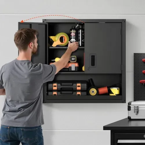 VEVOR Hängeschrank Werkstatt, 762 x 305 x 762 mm, Werkzeugschrank aus Stahl mit abschließbaren Türen & verstellbarem Regal, Wandhängeschrank für Garage, Keller, Küche, Lager, schwarz – Bild 7