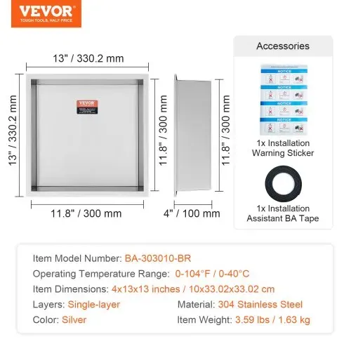 VEVOR Wandnische 10x33,02x33,02cm Duschnische Edelstahl Nische Einlagig 100 % Wasserdicht Nischeneinbau 0-40°C Betriebstemperatur 92°-Inneneckdesign Geeignet für Badezimmer Schlafzimmer Arbeitszimmer – Bild 6