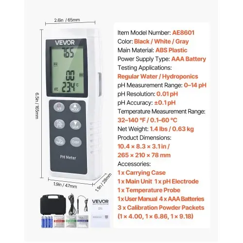 VEVOR pH-Meter, Messbereich 0–14, Wasserdichte Sonde (IP68), 3-Punkt-Automatikkalibrierung, Tragbares Tester-Set mit Kalibrierpulver, Temperatursonde & Tragetasche, für Trinkwasser & Hydrokultur – Bild 6