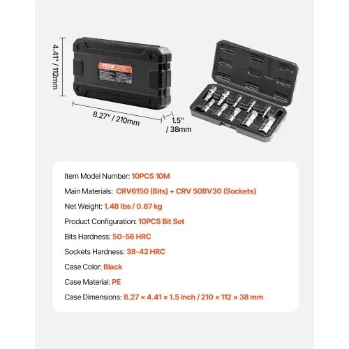 VEVOR XZN Dreikant Spline Bit Steckschlüsselsatz, 10-teilig M4 – M18, hochwertiger Cr-V-Stahl, 1/4 Zoll, 3/8 Zoll und 1/2 Zoll Antriebe, mit verbessertem Aufbewahrungskoffer, für Automobil – Bild 6
