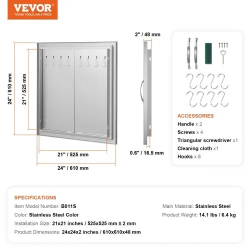VEVOR Grill-Zugangstür, 610 x 610 mm, Doppelte Außenküchentür, Flächenbündig Montierte Edelstahltür, Doppelwandige vertikale Tür mit Griffen und Haken, für Grillinsel, Grillstation, Außenschrank – Bild 6
