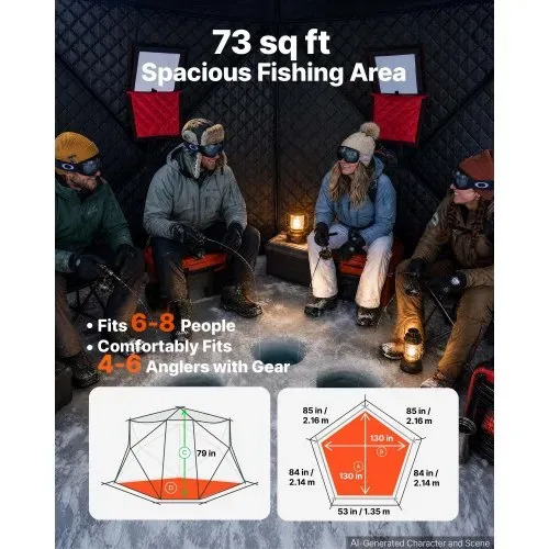 VEVOR Eisangelzelt Eisfischerzelt 6-8 Personen 3,3x3,3x2 m Zelt Isoliert, Eisschutzzelt für Winterfischen, 6,75 m² Fläche, 600D 4-Lagiges Gewebe, Hub-Style-Zelt mit Ankern, Seilen, Tragetasche, Rot – Bild 3