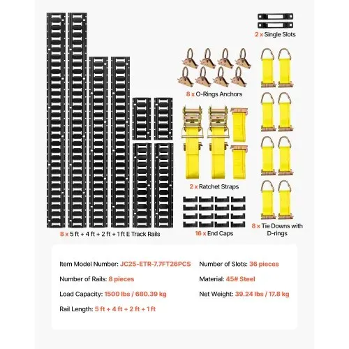 VEVOR E-Track-Zurrschienen-Set, 8er-Pack (1,5/1,2/0,6/0,3 m) E-Track-Schienen, 36-tlg., inkl. 2 Ratschengurten & 8 O-Ringen & 8 Zurrgurten mit D-Ring & 2 Einzelschlitzen & 16 Endkappen – Bild 6