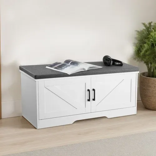 VEVOR Schuhregalbank Schuhbank (1000 x 355 x 460 mm), Eingangsbank mit gepolstertem Sitzkissen & 2 Scheunentüren, Schuhregal (136 kg belastbar), für Flur Wohnzimmer Schlafzimmer Schwarz Weiß – Bild 7