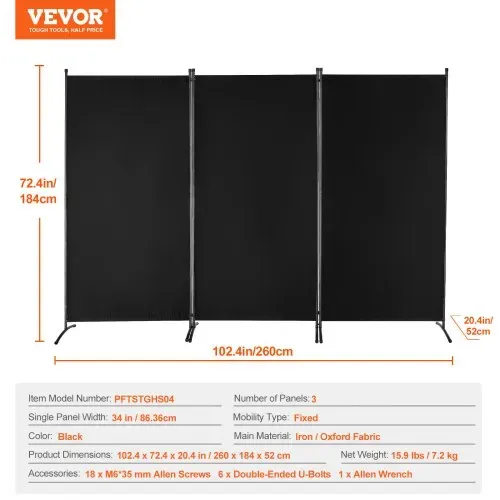 VEVOR Raumteiler 3 Paneele Raumteiler 260 x 184 x 52 cm, faltbarer Sichtschutz & tragbarer Trennwandteiler zur Raumtrennung, freistehende Raumteiler für Büro Schlafzimmer Arbeitszimmer, Schwarz – Bild 6