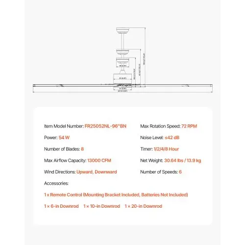 VEVOR 244 cm Deckenventilator ohne Beleuchtung, 6-Gang-Fernbedienung, 8 Flügel aus Alu, Gleichstrommotor, Ventilator für Schlafzimmer, Wohnzimmer, Terrasse, Innen-/Außenbereich, gebürstetes Nickel – Bild 6