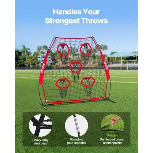 VEVOR Fußballtrainer Wurfnetz Übungsnetz (2170 x 1255 x 2230 mm) mit 5 Zieltaschen & tragbarer Aufbewahrungstasche & Bogenrahmen, Training für die Passgenauigkeit des Quarterbacks, rot – Bild 3