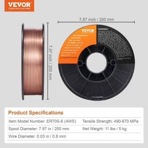 VEVOR 1 Rolle Draht ER70S-6 0,8 mm 5 kg MIG-Schweißdraht 200 mm Spulendurchmesser Schweißdrahtrolle 490–670 Mpa Zugfestigkeit Ideal zum Schweißen von Kohlenstoffstahl – Bild 6