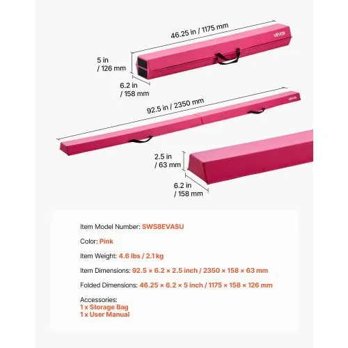 VEVOR Schwebebalken Gymnastik Kinder klappbar 233 cm, 90,7 kg belastbarer Gymnastikbalken mit rutschfesten Unterseiten, Balance Balken Balancierbalken mit Tragetasche für Fitnessstudio, Rosa – Bild 6