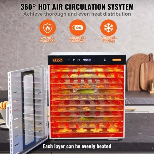 VEVOR 1000 W Dörrautomat Edelstahl, 377 x 285 mm 10 Stk. Tabletts 360° Trocken, Dörrgerät, Temperaturregelung, 0,5 bis 48-Stunden-Timer, Überhitzungsschutz, Rezeptheft für Fleisch Obst Gemüse – Bild 5