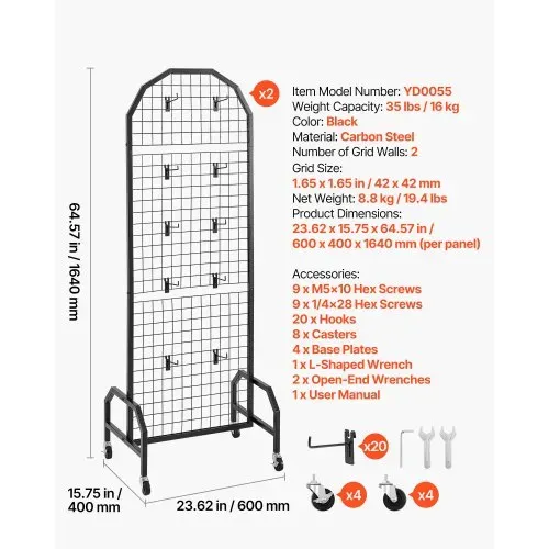 VEVOR Gitterwandpaneele Gitterwand 60 x 164 cm 2 Stk. rollbarer Präsentationsständer mit 20 Haken, Präsentationsregale aus Karbonstahl, Kunstausstellungsregal für Dekoration Lagerung, schwarz – Bild 6