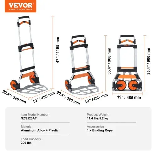 VEVOR Sackkarre Klappbar 140kg Transportkarre aus Aluminiumlegierung und Kunststoff Stapelkarre mit verstellbarem Griff 900-1109mm Faltbarer Trolley inkl. Bindeseil kompakte Größe zum Verstauen – Bild 6