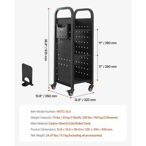 VEVOR Bücherwagen, 100 kg Tragkraft, Bibliothekswagen, 32 x 35 x 93,5 cm, einseitiges L-förmiges Bücherregal mit Doppelbremsrollen, Bücherregalwagen für Wohnzimmer, Büro, Schule, Schwarz – Bild 6