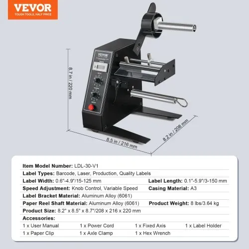 VEVOR Automatischer Etikettenspender, Breite 15-125 mm, Länge 3-150 mm, Etikettenabstreifer, Etikettentrennmaschine, stufenlose Geschwindigkeitseinstellung, Etikettenapplikator, max. Zählung 0-999999 – Bild 6