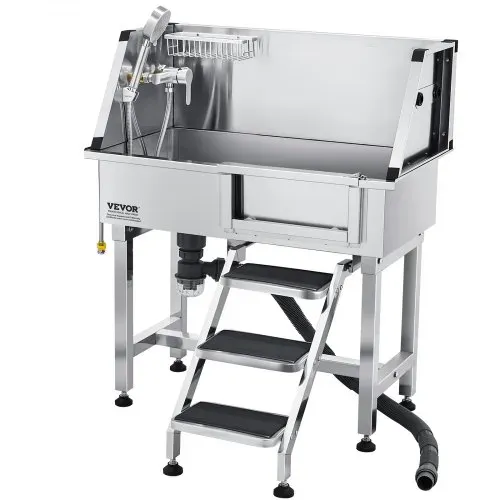 VEVOR Hundewaschstation aus Edelstahl, 870x488x1025 mm Tierpflegewanne mit Ablagetreppe, Wasserhahn, Duschkopf & Seifenhalter, Hundebadewanne, für mittelgroße & kleine Haustiere (linke Tür) – Bild 10