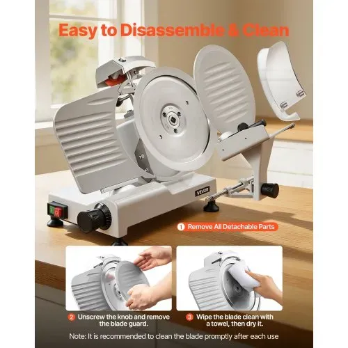 VEVOR Gewerbliche Fleischschneidemaschine 300 W, Elektrische Aufschnittmaschine mit Abnehmbarer 25 cm Kohlenstoffstahl-Klinge, 0–12 mm Schnittdicke, für Gefrorenes Fleisch, Schinken, Baguette, Steak – Bild 5
