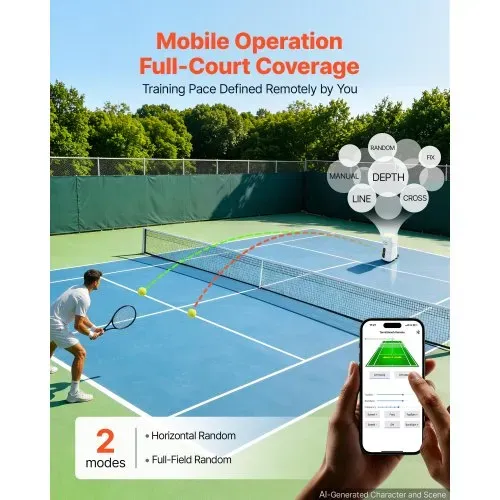 VEVOR Tennisballmaschine Max. 121 km/h Tischballwerfer 110 Ballkapazität, mit Spin-Steuerung, App-Steuerung, 2 Trainingsmodi, 4 Stunden Akkulaufzeit, Ausziehbarem Griff, Rollen und Kunststoffgehäuse – Bild 3
