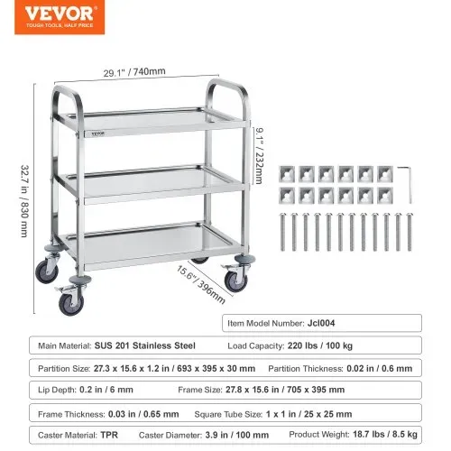 VEVOR Laborwagen Gerätewagen Medizintechnik Servierwagen 201 Edelstahl Tragbar Abräumwagen 100 kg Tragfähigkeit, 740 x 396 x 860 mm Labor Rollwagen Medical Trolley Dreifach-Design Silber – Bild 6
