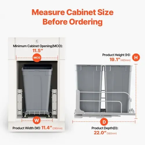 VEVOR ausziehbarer Mülleimer (27 Qt x 2), doppelter Unterbau-Küchenabfallbehälter, Mülleimer mit Türsatz & Soft-Close-Schieberegler, für Küchenschrank Spüle unter der Theke (grau) – Bild 3
